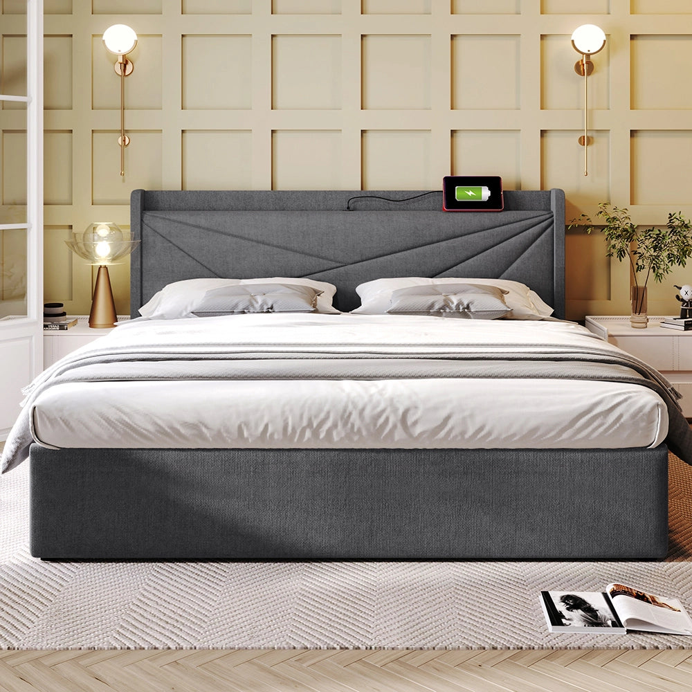 Letto a cassone con testiera USB - Xylo - 180??200 cm - Grigio lino