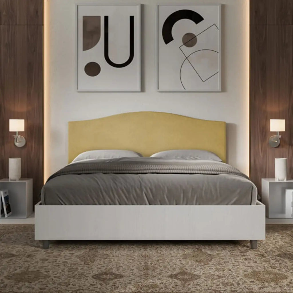 Letto matrimoniale contenitore 160x200 bianco frassino testata microfibra ocra Grace