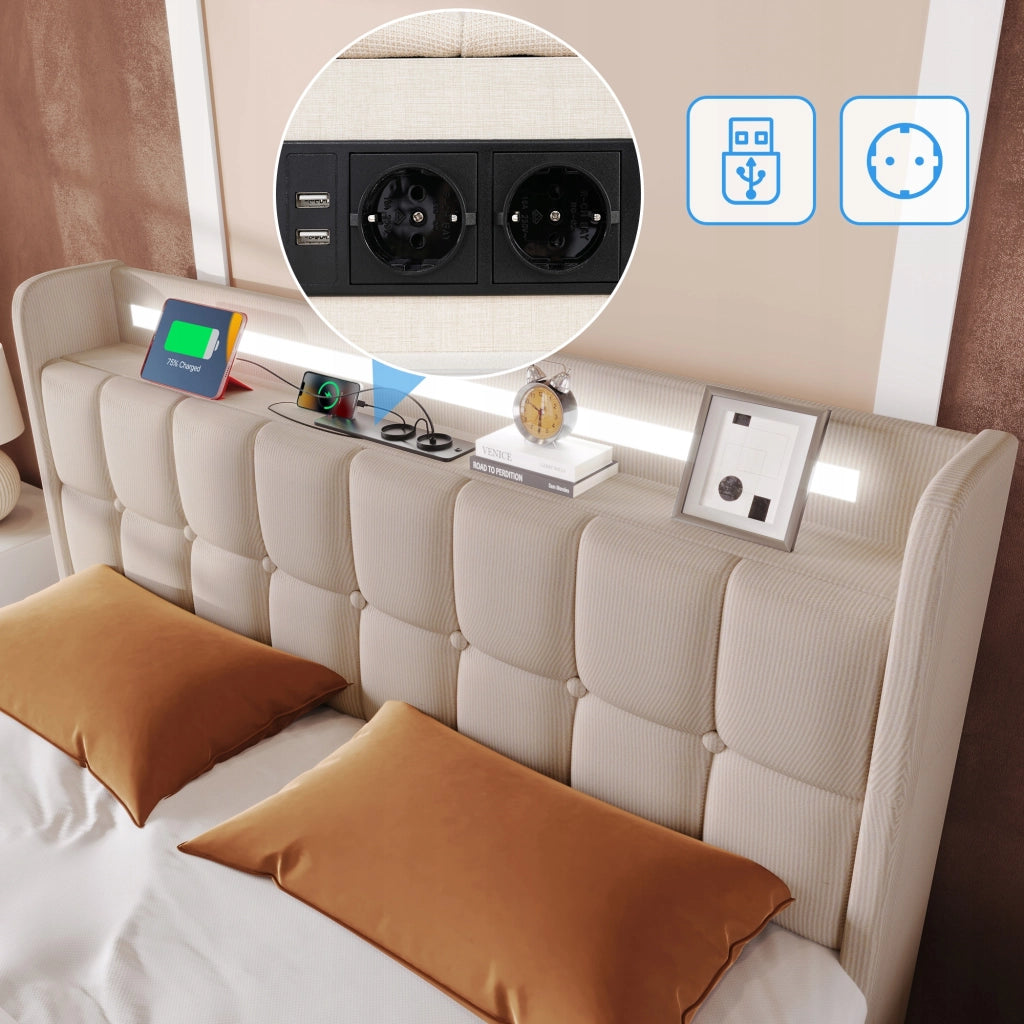 Letto imbottito 140x200 - Xylo - USB, LED, 4 cassetti, colore beige