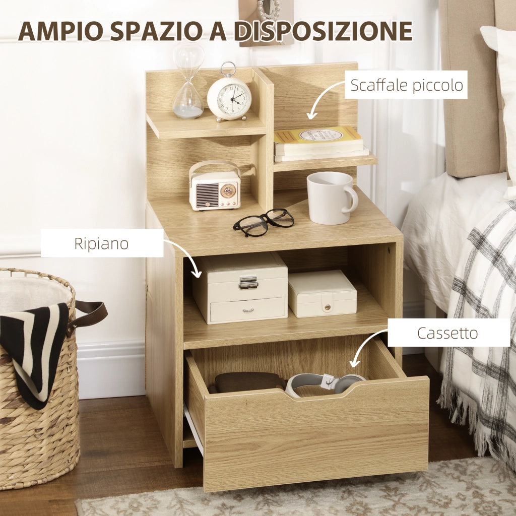 EasyComfort Comodino con 2 Ripiani Aperti e Cassetto in Truciolato per Camera da Letto e Salotto, 45x35x73 cm