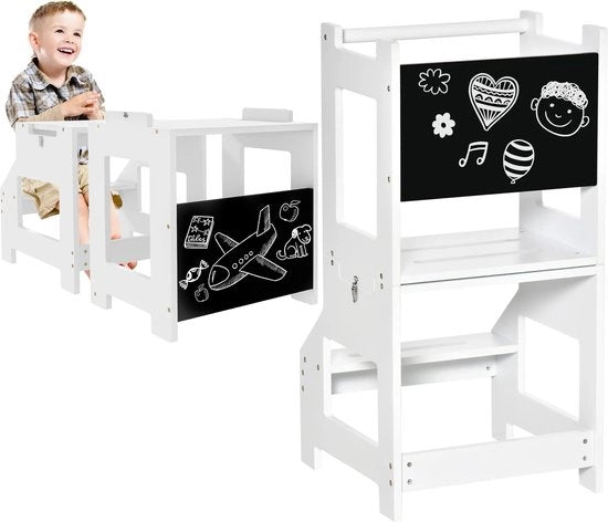 Tavolo da apprendimento multifunzionale 2 in 1 - Kit per bambini - Scaletta - Set di tavolo - Incluso pannello di scrittura - Compact - Bianco - Legno - 42 x 44 x 86 cm - Consigliato per bambini di 3-6 anni - Massima capacità: 50 kg