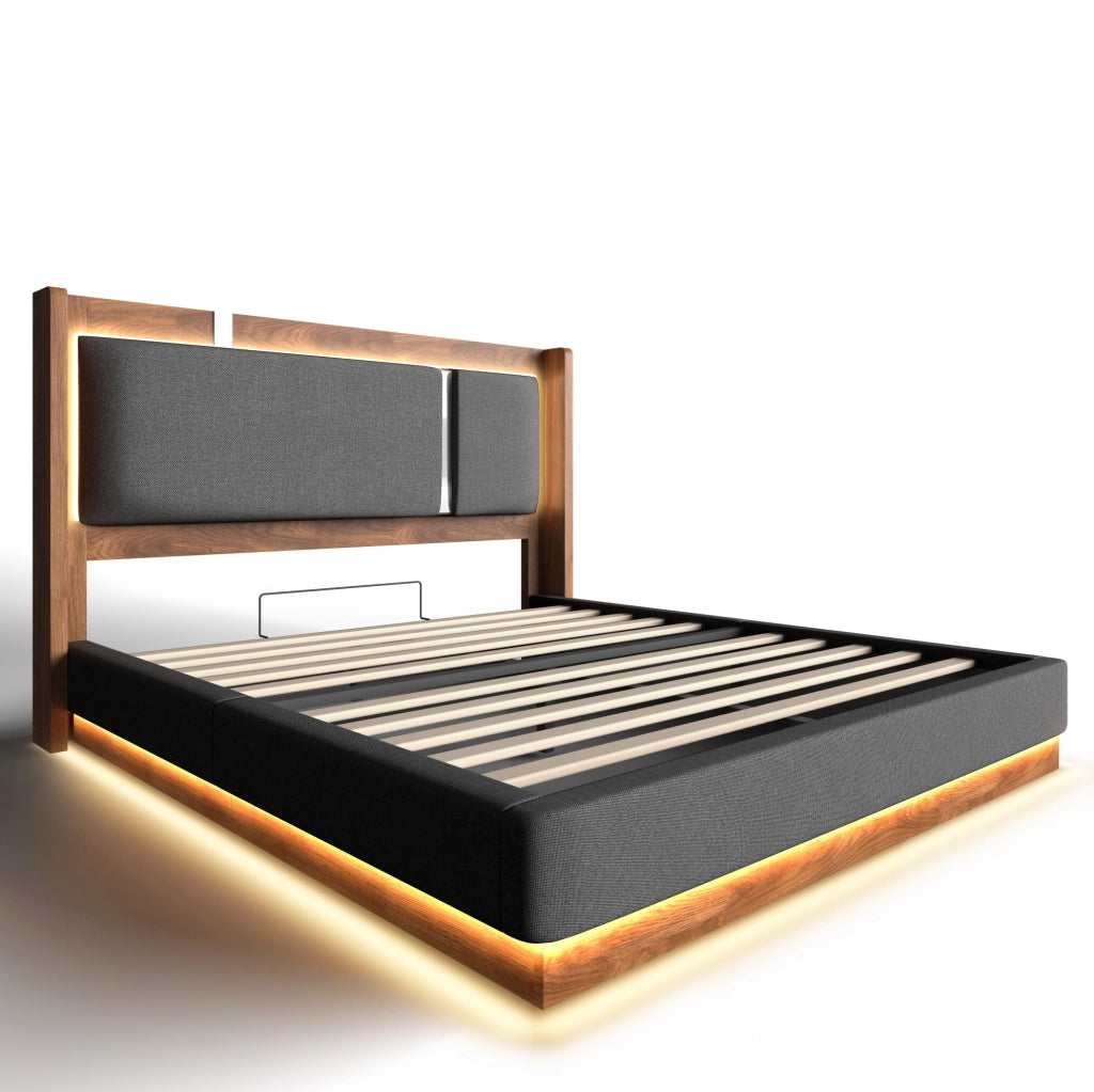 Letto matrimoniale 180x200 cm con contenitore; LED; lino e legno grigio