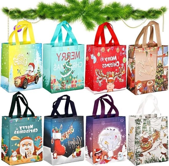 Set di 12 Sacchetti di Regalo Riciclabili - Peli di Regalo per Natale - Borsa per Regali Natale con Maniglie - Dimensioni 31,5 x 17 x 25 cm (8 Stuks)