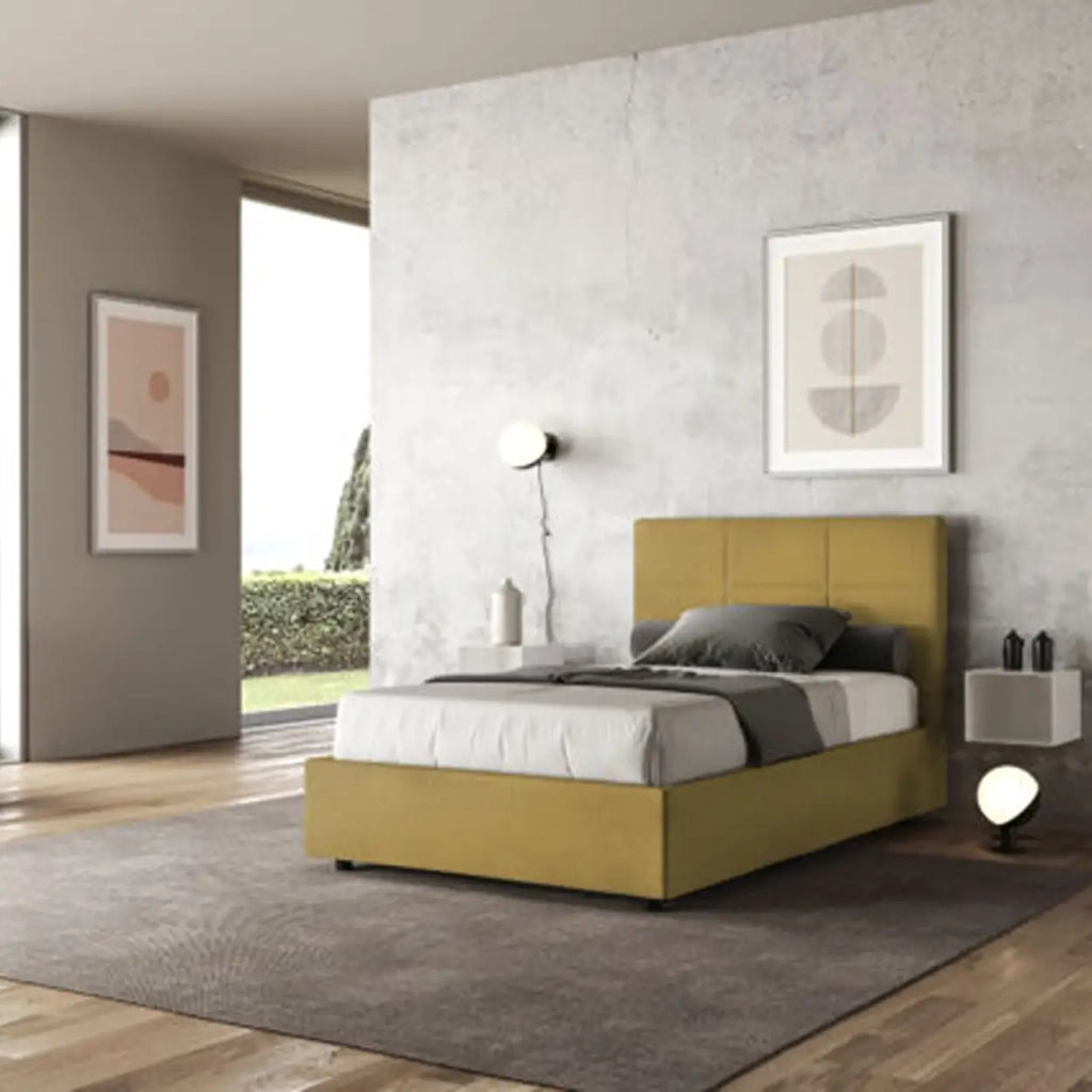 Letto una piazza e mezza con rete imbottito 120x190 microfibra ocra Mika