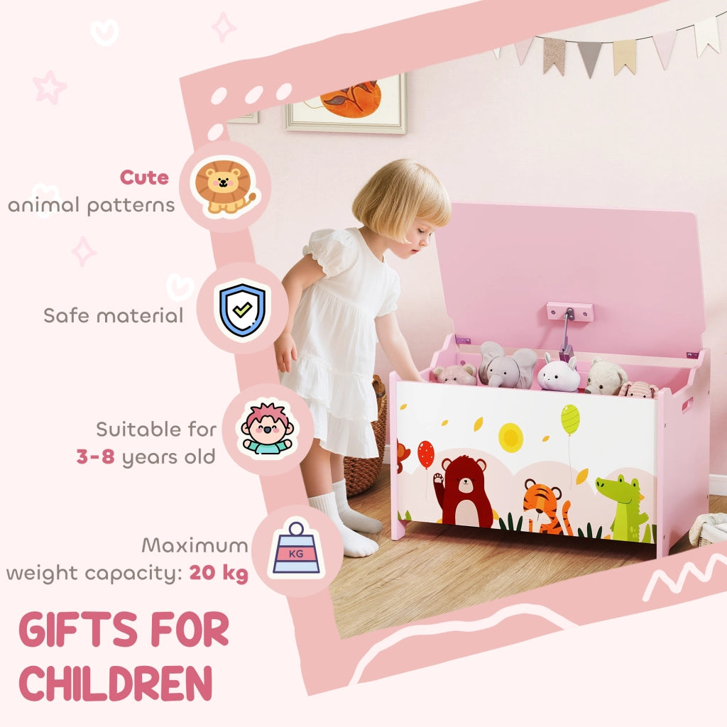 Baule Portagiochi per Bambini Tema Animali 60x37x39 cm con Cerniere di Sicurezza in Legno Rosa