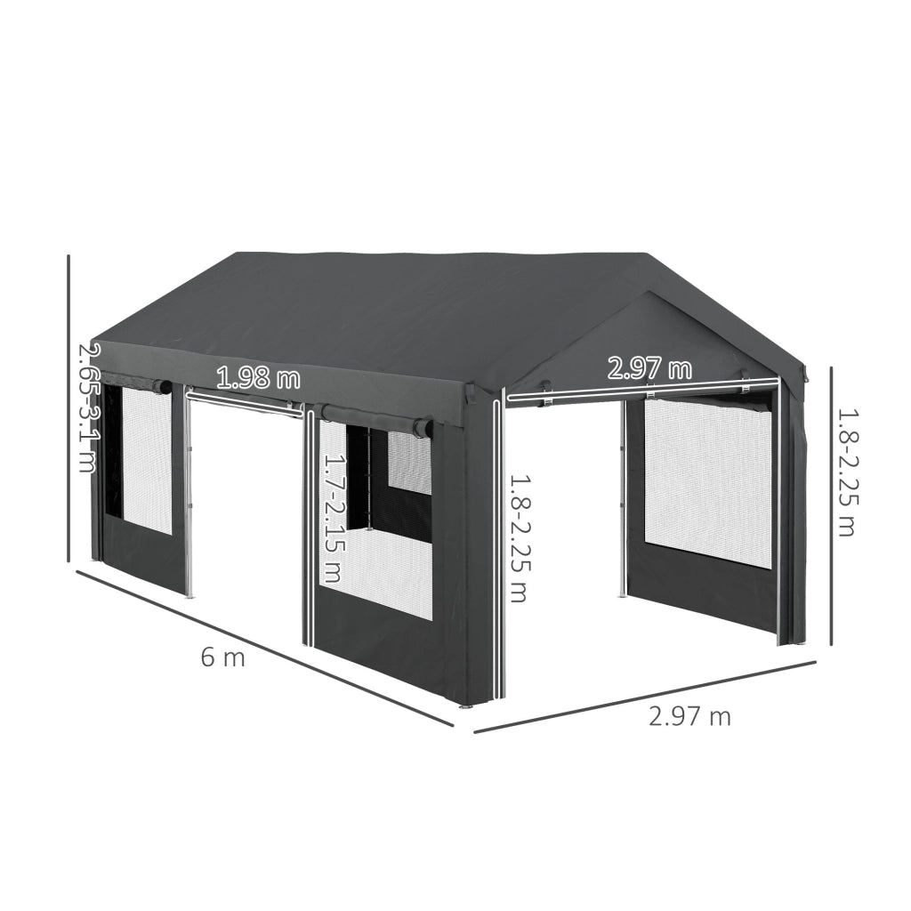 Gazebo per Auto e Feste con Altezza Regolabile 4 Porte e 4 Finestre 6x3m  Grigio Scuro