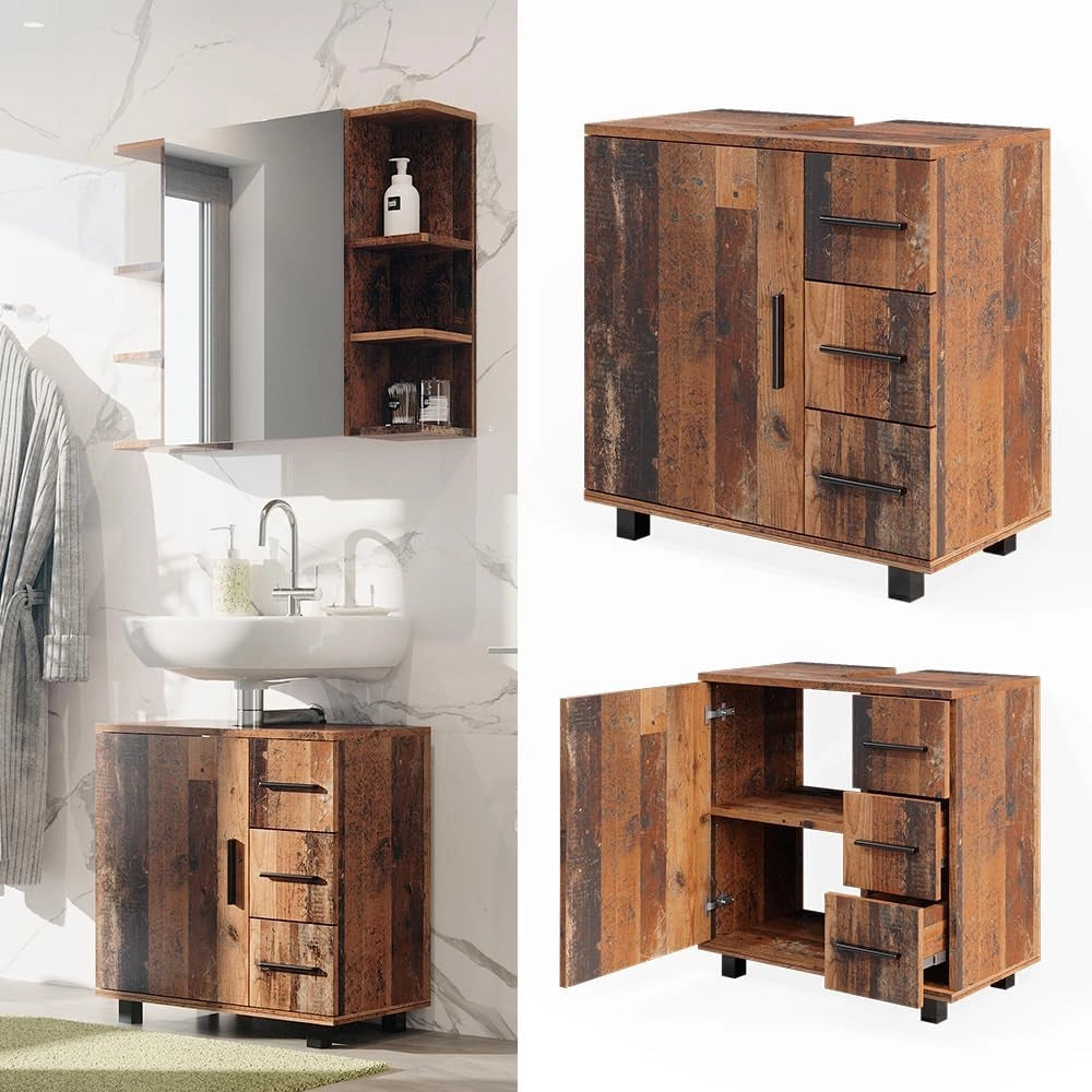 Mobile sottolavabo per bagno Ilias, Rovere rustico, 60 x 60.8 cm con anta e 3 cassetti, con intaglio per sifone per l'installazione su lavabo