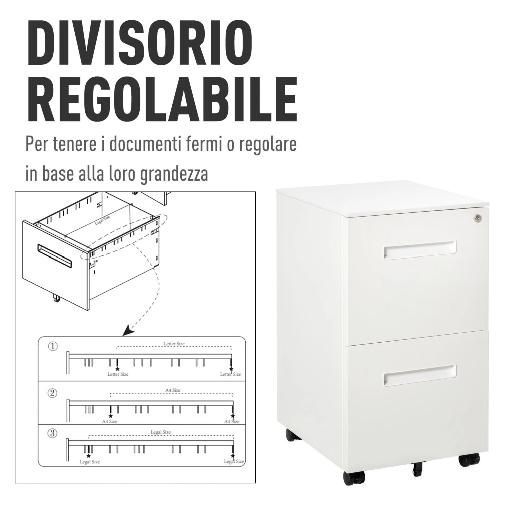 Cassettiera Schedario 2 Cassetti da Ufficio 39x48x67 cm in Acciaio Bianco