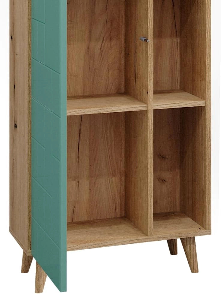 Armadio per il bagno Rudi, Verde menta, 56 x 193 cm con ante e vani a giorno, con meccanismo push-to-open e struttura combinabile