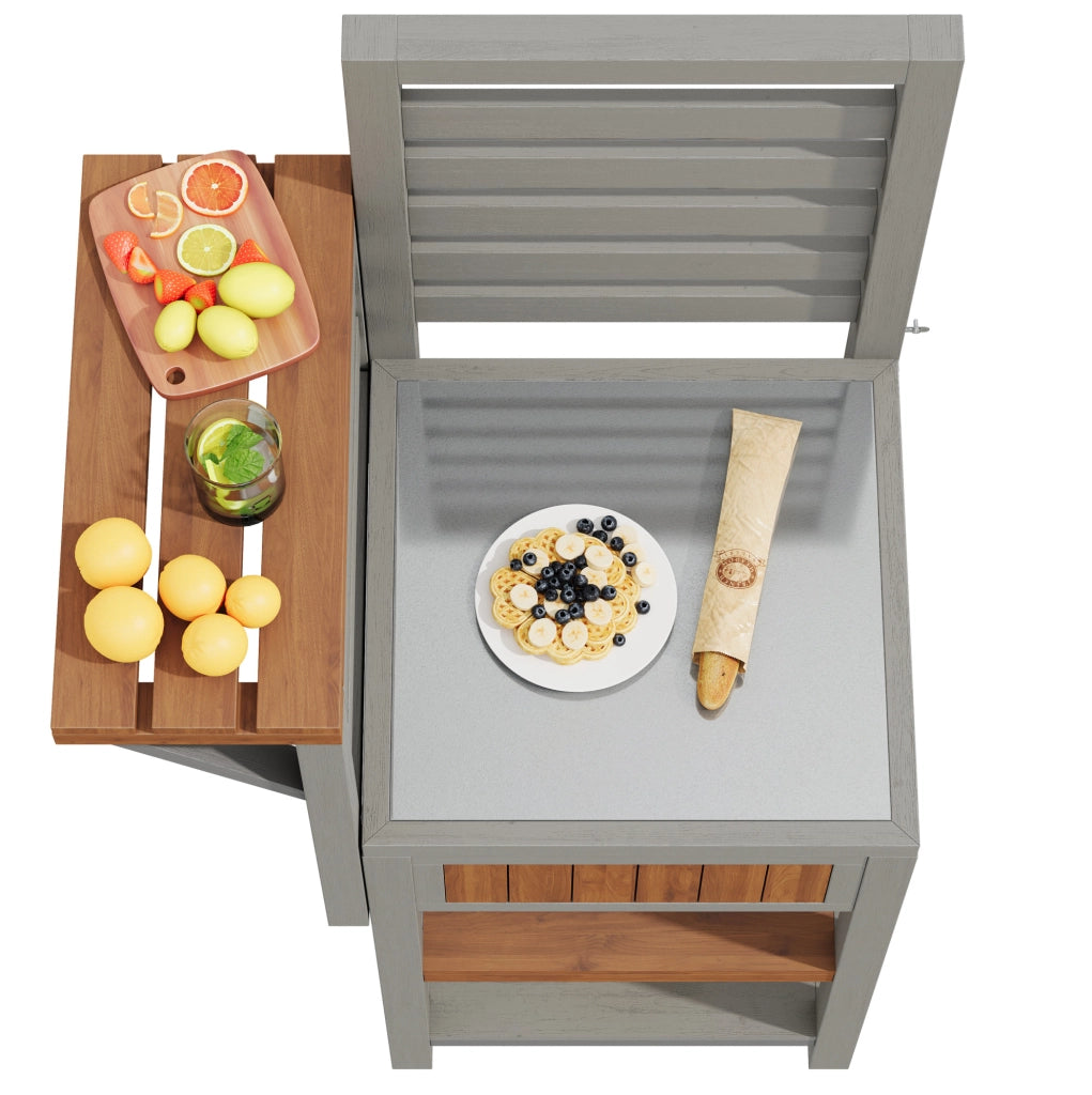 Mobile da esterno in legno massello con piano in acciaio inox e doppio ripiano; 74x54x149 cm; naturale