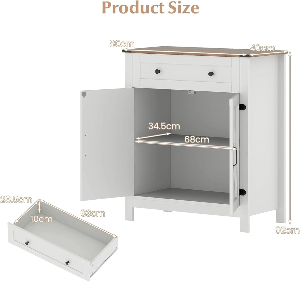 Credenza da Cucina con Ripiano Regolabile a 3 Livelli, Mobile Buffet con 2 Ante, 1 Cassetto, Armadio Dispensa per Sala da Pranzo, Soggiorno, 80 x 40 x 92 cm, Bianco (In 2 Pachhi)