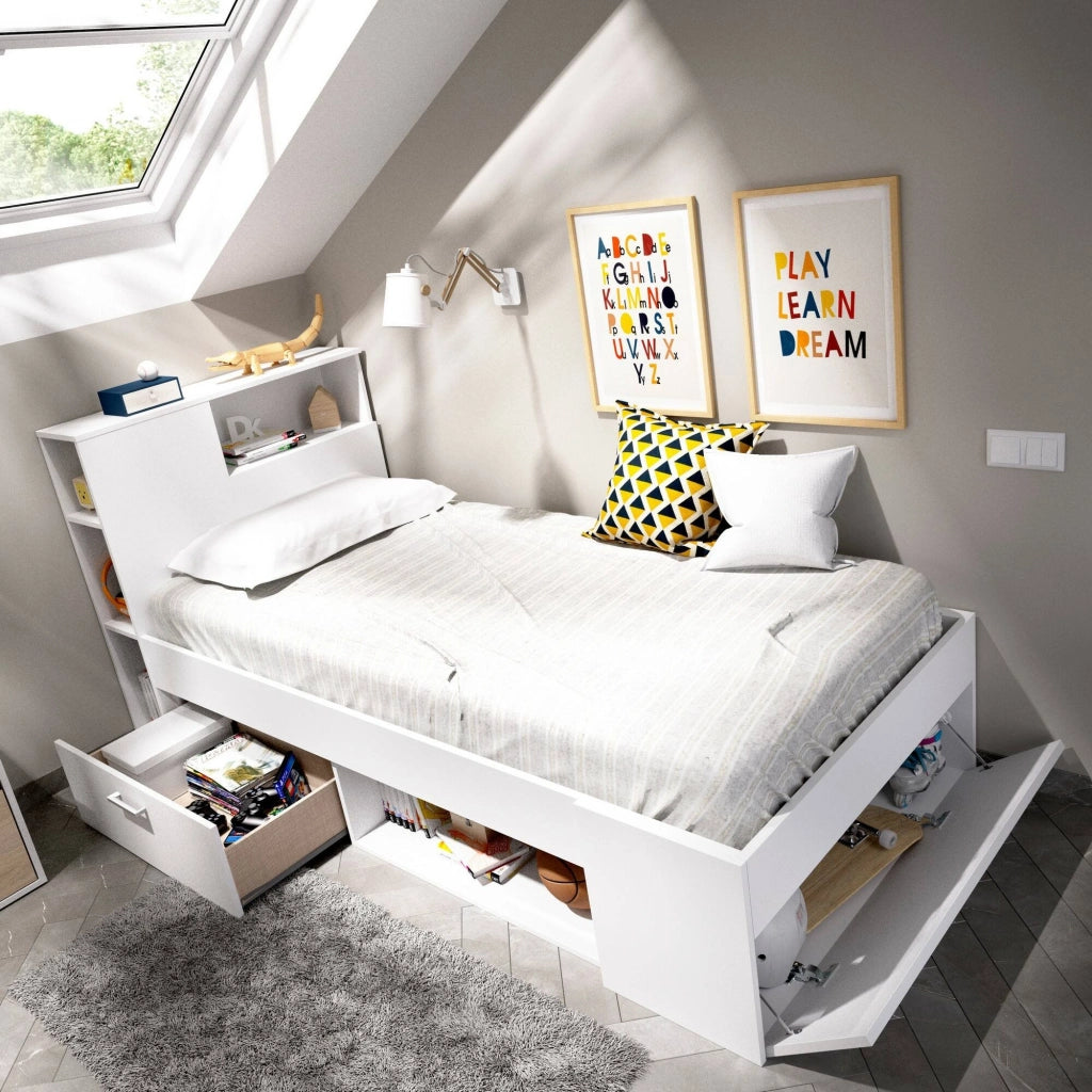 Letto per bambini Adrielle, Lettino per cameretta con testiera, Struttura per letto singolo con cassetto e scaffali, 218x99h96 cm, Bianco