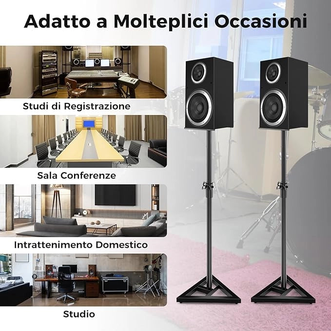 Supporti Regolabili in Metallo per Altoparlante da Terra, 2 Supporti per Casse con Base Triangolare Stabile, Adesivi Antiscivolo, Altezza Regolabile da 97-157 cm