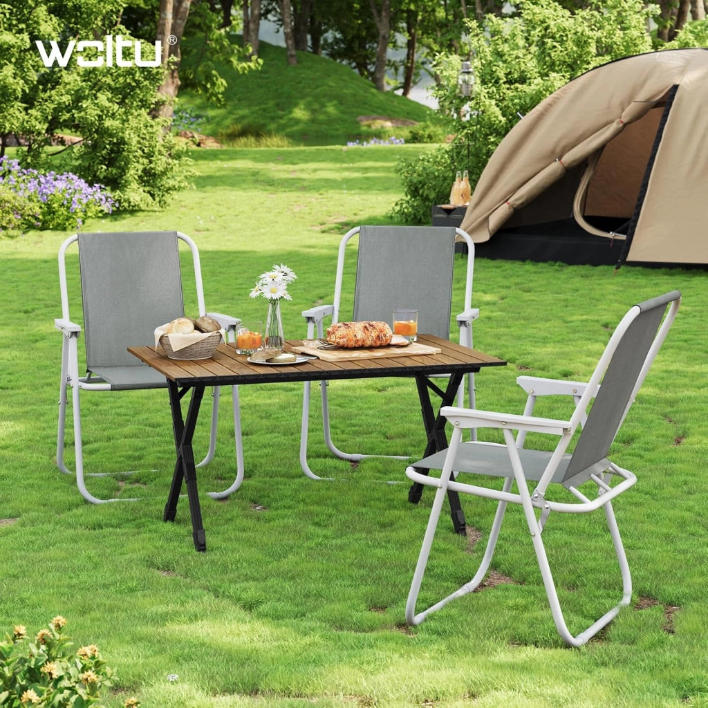 Tavolo da Campeggio Pieghevole Leggero, Tavolo da Esterno Portatile, Altezza Regolabile, Tavolo da Giardino con Piano Arrotolabile in Alluminio, Borsa Portaoggetti, Carico 50kg, Rovere Chiaro