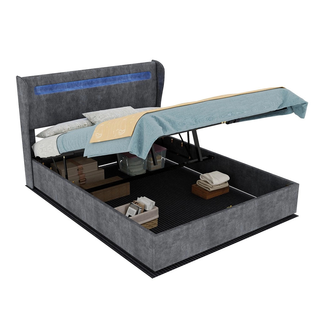 Letto Contenitore Imbottito con LED ¨C MINIMAL ¨C Grigio 140x200 con Materasso