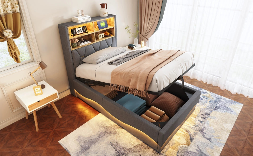 DESMIU Lit enfant 90 × 200 cm con LED, USB, vano idraulico e vano contenitore, senza materasso, grigio