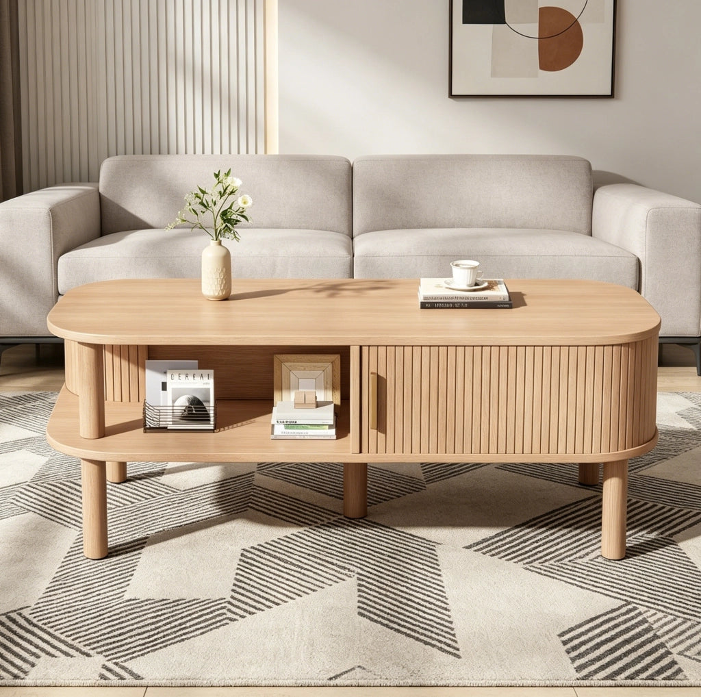 Tavolino da caffè 110x55x45 cm con porta scorrevole e vano portaoggetti in MDF naturale