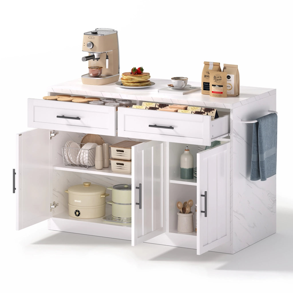Isola da cucina con 3 ante; 2 cassetti; ripiani regolabili; prese e USB; portaasciugamani; 120 x 60 x 91 cm