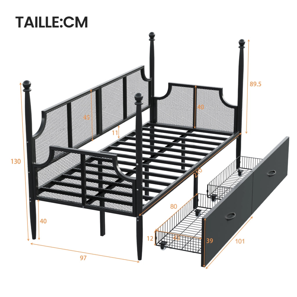 OKWISH Letto Divano 90×200 cm, Letto Singolo con 2 Cassetti, Schienale a Rete e Braccioli, senza Materasso, in Metallo, Nero