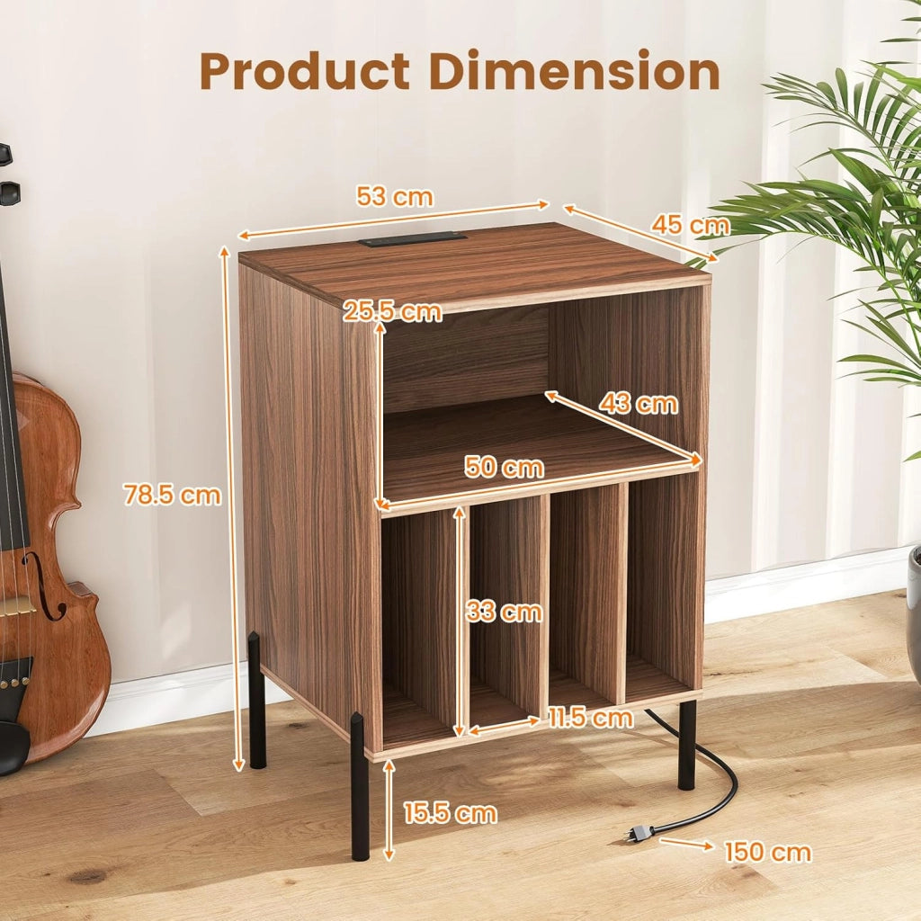 Tavolino da Letto Mobile Giradischi con Base di Ricarica, Comodino per 150 Album, 2 Porte USB, 1 Tipo C, 5 Scomparti, Gambe in Metallo, Supporto per Giradisco, 53 x 45 x 78 cm, Colore Noce