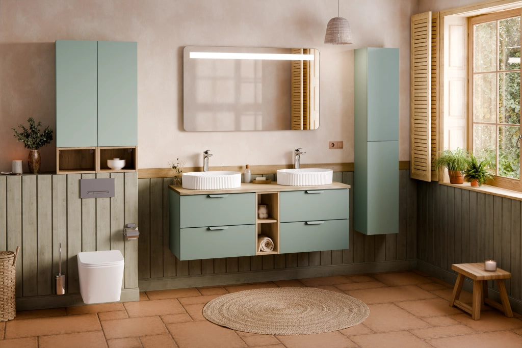 Set mobili bagno 120 cm con piano e 2 lavabi da appoggio Beyond Aster Green 120 cm