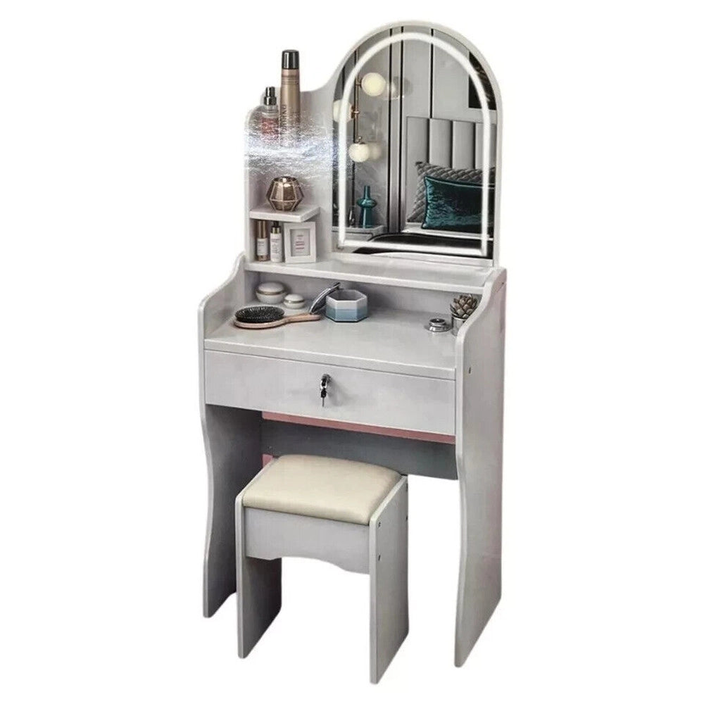 Trade Shop - Toilette Postazione Trucco Con Sgabello Moderno Specchio Con Luce Led Touch 2 Colori - Bianco
