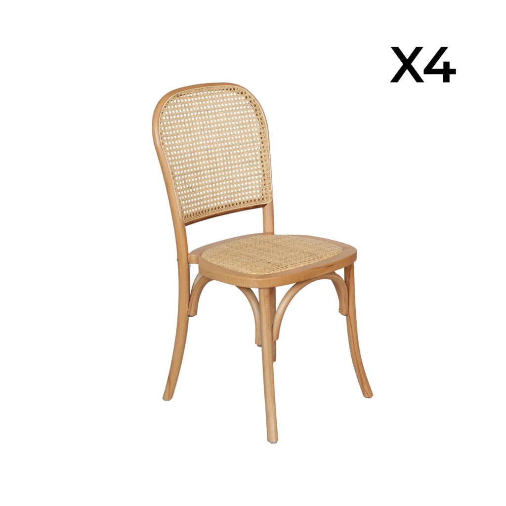 Set di 4 sedie in legno e rattan vintage , marrone naturale