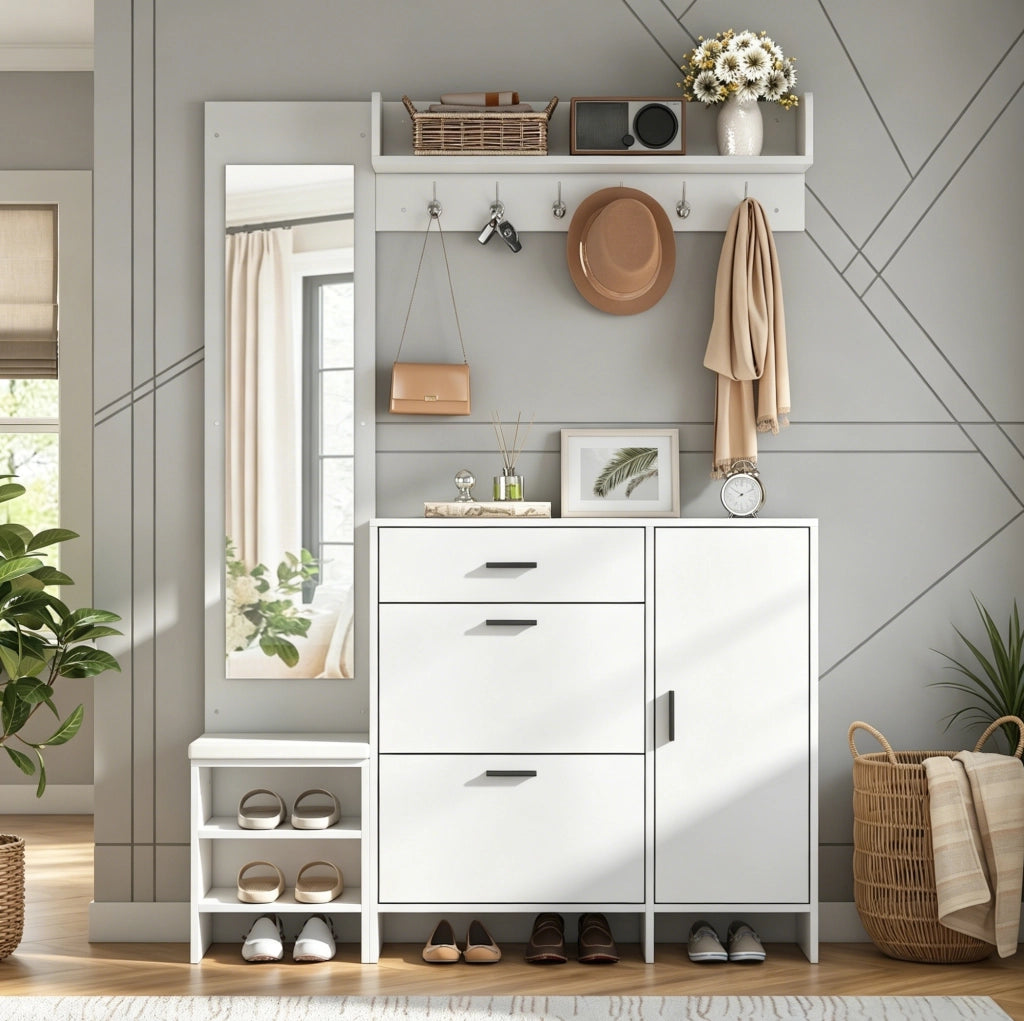 Mobile guardaroba da ingresso con panca, specchio e scarpiera, bianco, 140x30x200 cm