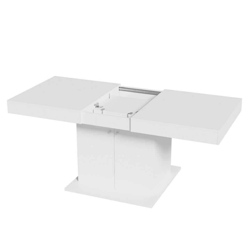 Tavolo da pranzo allungabile con contenitore, 140/180 cm, bianco, in truciolare e metallo