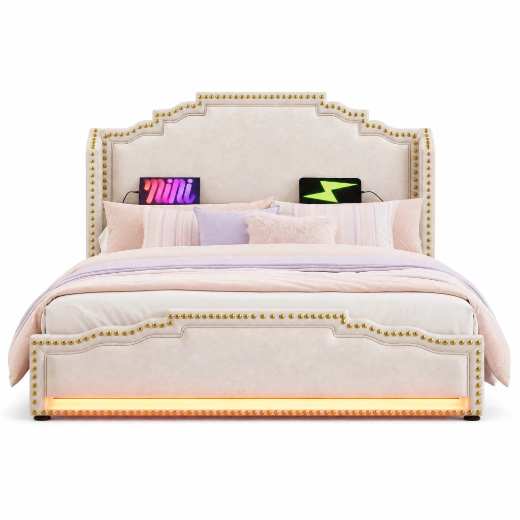 Letto matrimoniale 160x200 in velluto con LED, USB-C e 4 cassetti