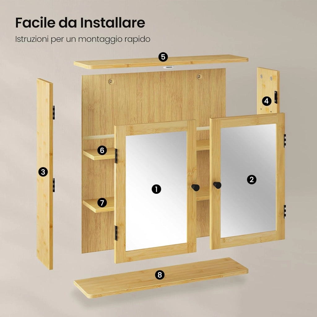 Mobiletto da Bagno Sospeso con Specchio e Ante in Bambù, Armadietto Salvaspazio, Contenitore da Parete, con Ripiano Regolabile, Scomparto Aperto, 56x14x58 cm