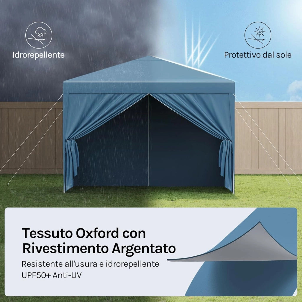 Gazebo da Giardino Richiudibile 3x3m Gazebo da Esterno Ferro Regolabile in Altezza Tendone Pieghevole con Telo Idrorepellente, Protezione Solare, Facile Montare Blu