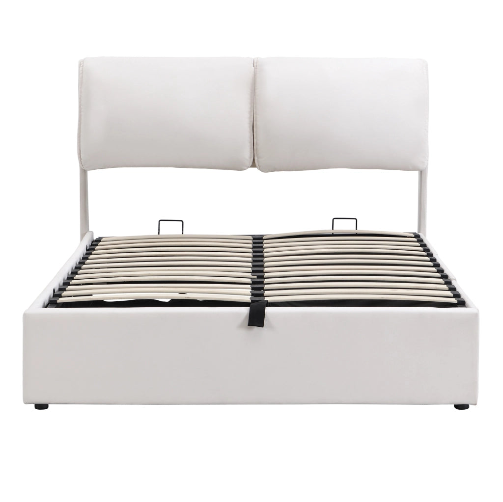 Letto matrimoniale imbottito 140x200 cm in velluto beige con contenitore; 3 cassetti e testiera regolabile