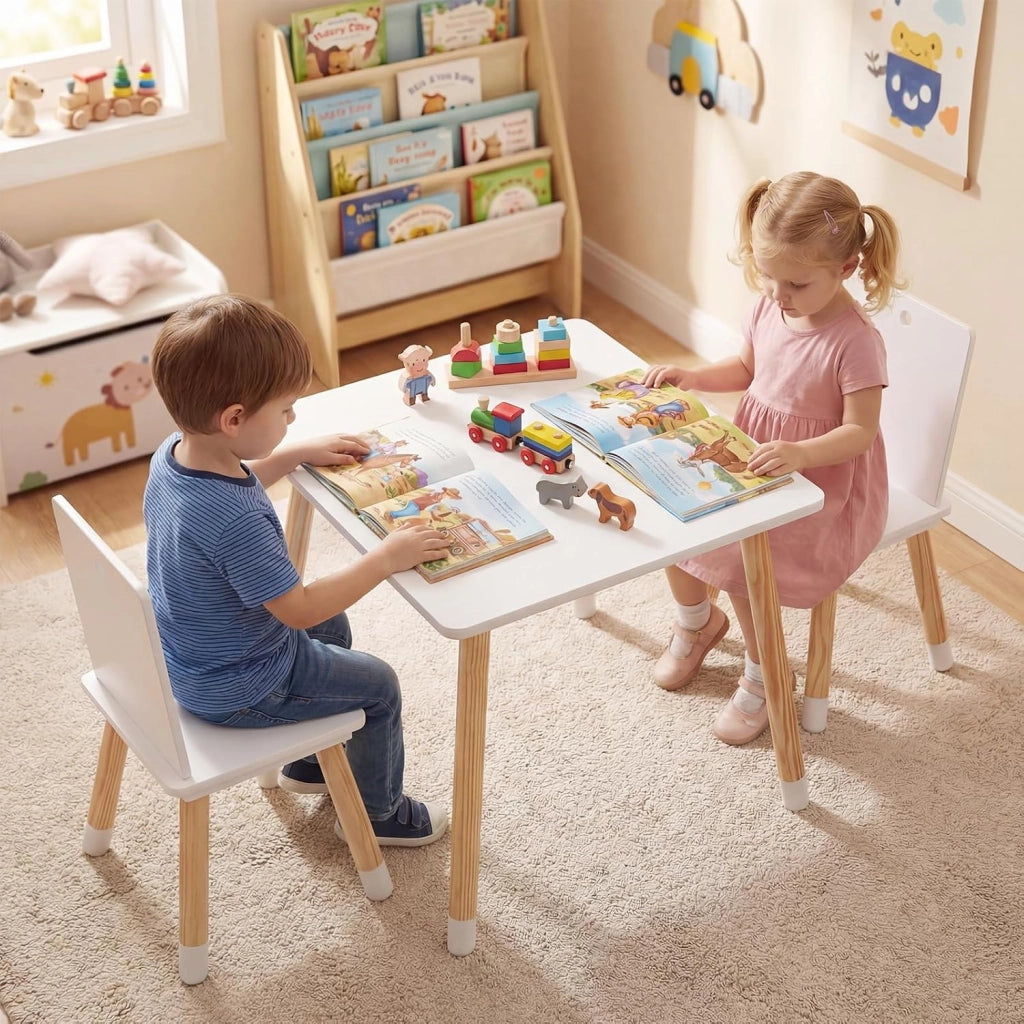 Set Tavolo e 2 Sedie per Bambini, con Gambe in Legno di Pino, Set Tavolo Attività, Mobili di Legno per Giocare Imparare Mangiare, Bianco