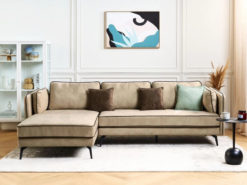Divano 3 posti angolare regolabile lato destro in velluto beige stile moderno design classico