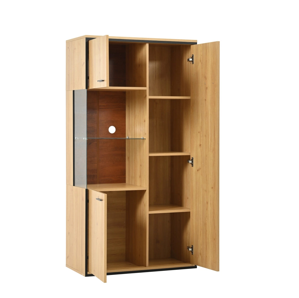 Vetrina moderna con LED; 150 cm; 3 ripiani regolabili; MDF; colore naturale