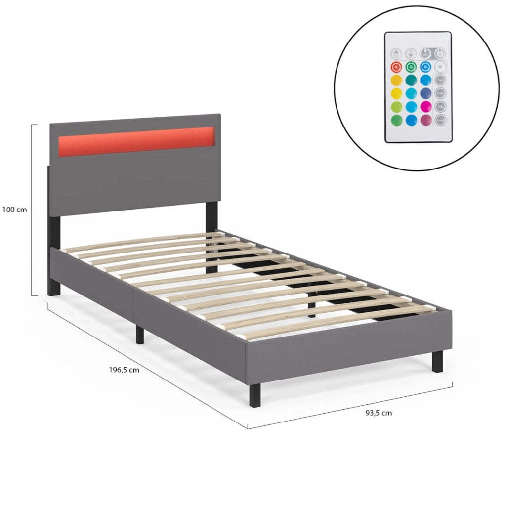 IDMarket - Letto singolo NEO con testata LED integrata e rete 90 x 190 cm PVC grigio