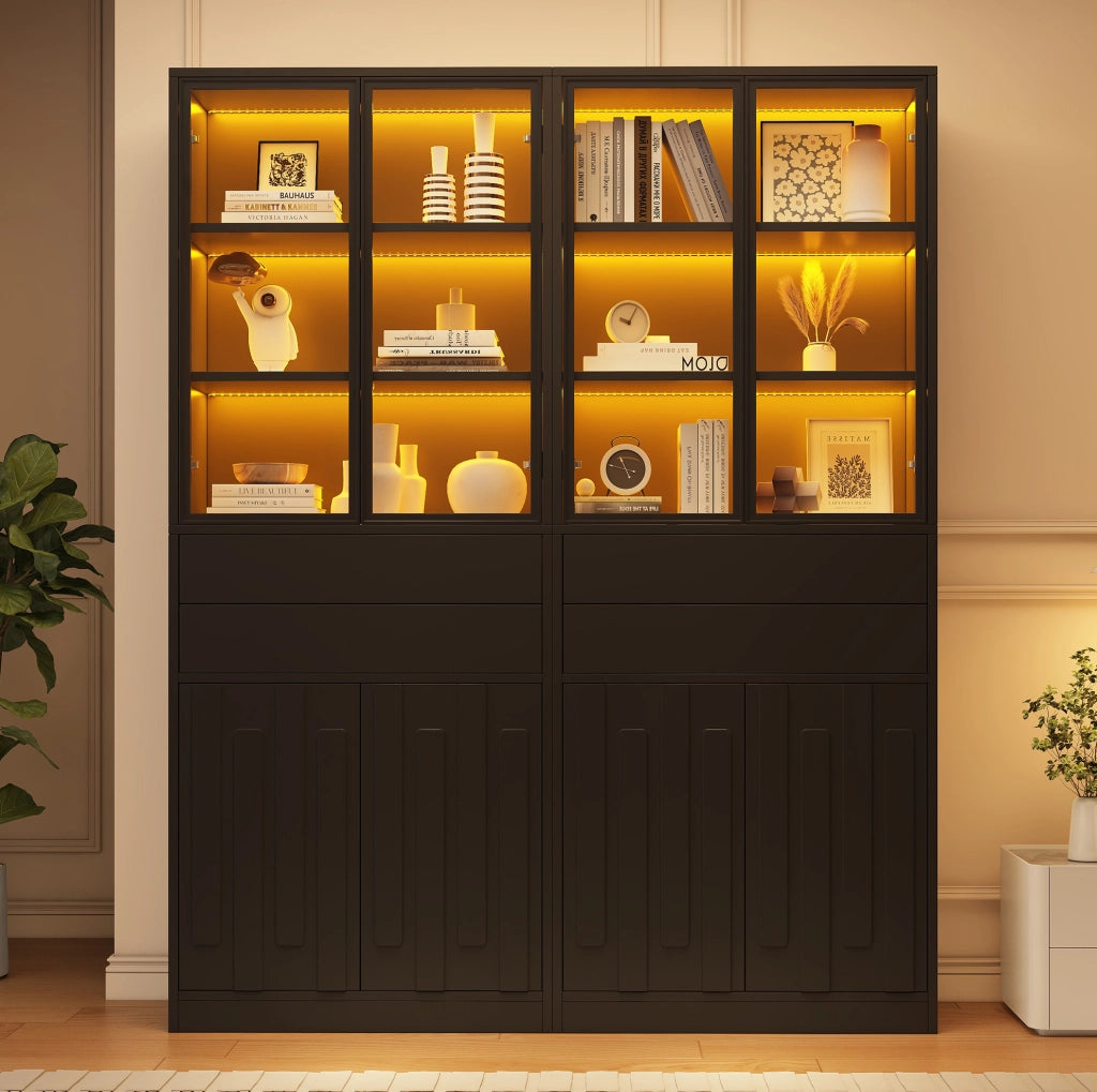 Set 2 vetrine 140x34x180 cm con LED Bluetooth; vetro temperato e 2 cassetti nero HOMVRA