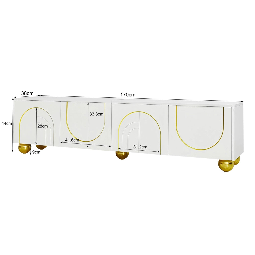 Mobile TV 170x38x44 cm; ante push-to-open con dettagli oro; pannello truciolare bianco