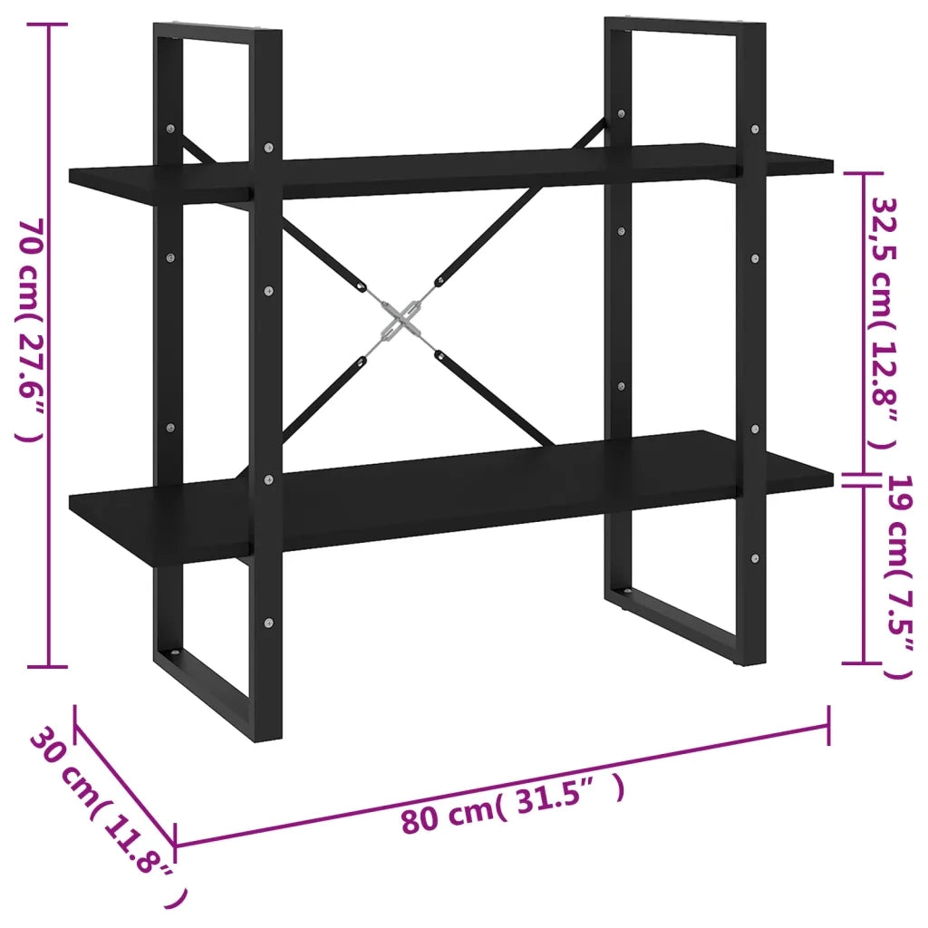 Libreria a 2 Ripiani Nera 80x30x70 cm in Legno Multistrato 806448