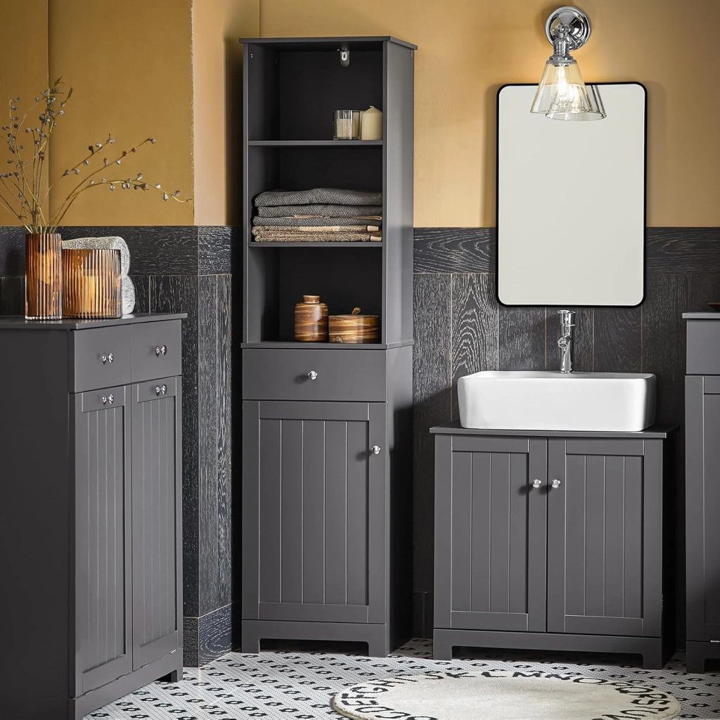 Mobile Bagno Salvaspazio Colonna Bagno con Armadio e 3 Ripiani Aperti, Armadio Compatto con 1 Cassetto per WC, Camera da Letto, Lavanderia 40x161x35 cm BZR17-DG