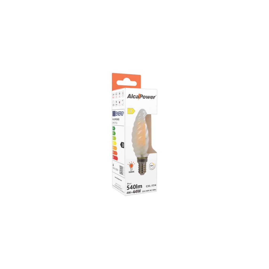 Alcapower Lampadina LED Tortiglione C37 Vetro Frost 4W 510lm 3000K Attacco E14 Luce Calda Effetto Diffuso Classe Energetica E Design Elegante