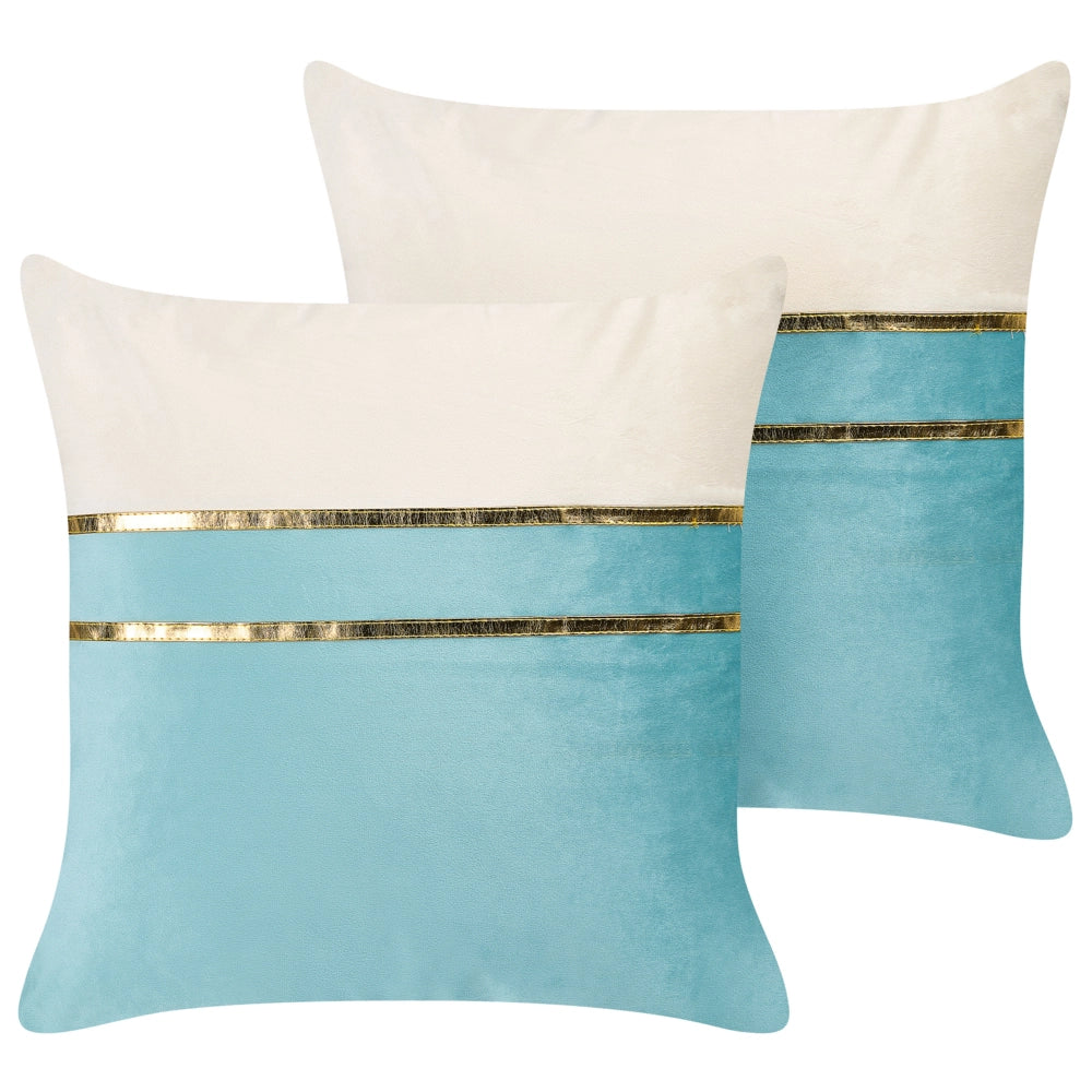 Set di 2 cuscini in velluto blu e beige con dettagli dorati 45 x 45 cm glamour soggiorno camera da letto