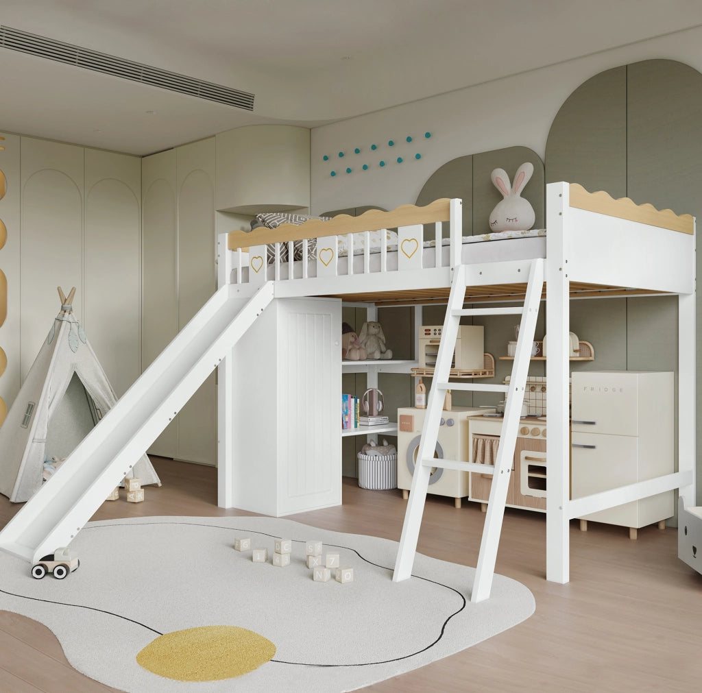 Letto a soppalco 90x200 cm con scivolo; guardaroba e vano contenitore in legno e MDF bianco naturale