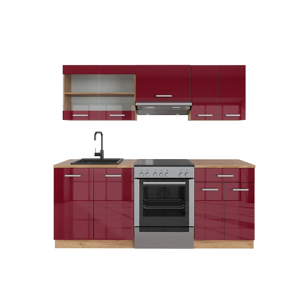 Vicco Cucina componibile Rosso lucido/rovere dorato 200 cm senza piano di lavoro