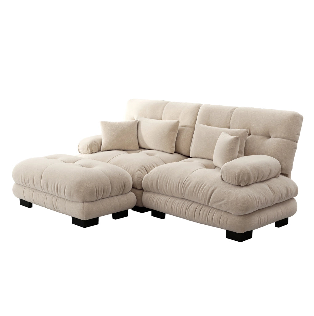 Divano modulare in chenille color caffè chiaro con ottoman mobili; cuscini lombari e braccioli ampi