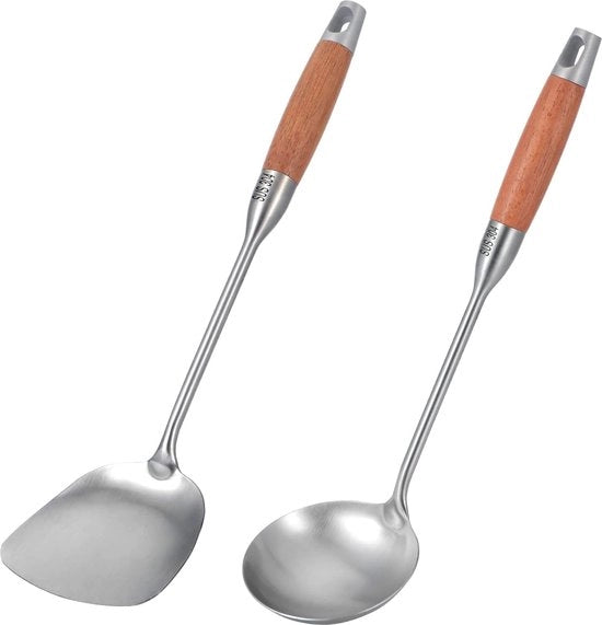 Set di Cucina in Acciaio Inossidabile - 304 Set di Spatola e Cucchiaio con Manico in Legno di Teak Resistente al Calore