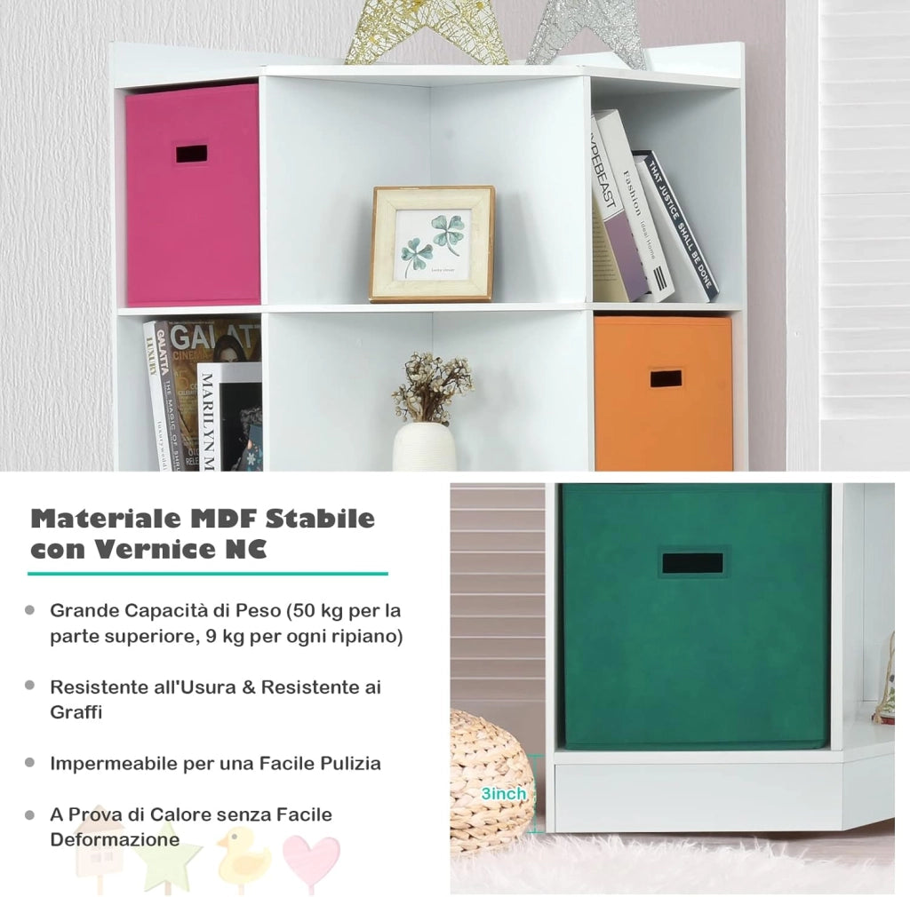 Scaffale Angolare, Scaffale ad Angolo con Tre Cestini Colorati e 9 Ripiani, per Casa, Soggiorno e Camera da Letto, 81x 61 x 94cm (Bianco)