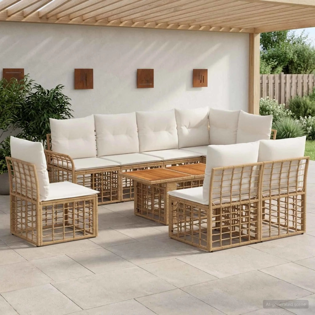 Set Divano da Giardino 9 pz Naturale e Bianco Crema polyrattan 3437984