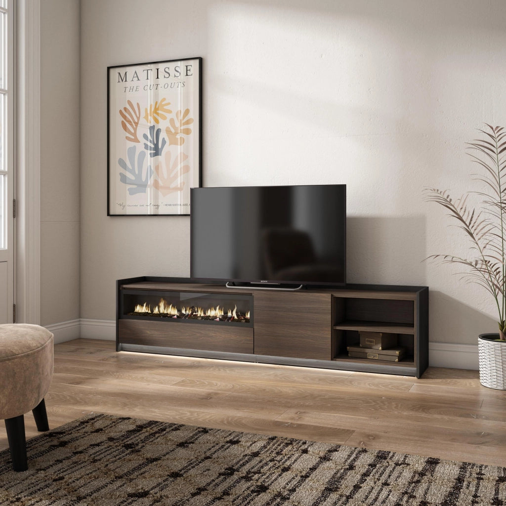 Mobile TV Soggiorno, 207x50x37 cm, Per TV fino a 80", Camino elettrico, LED, Rovere scuro e Nero
